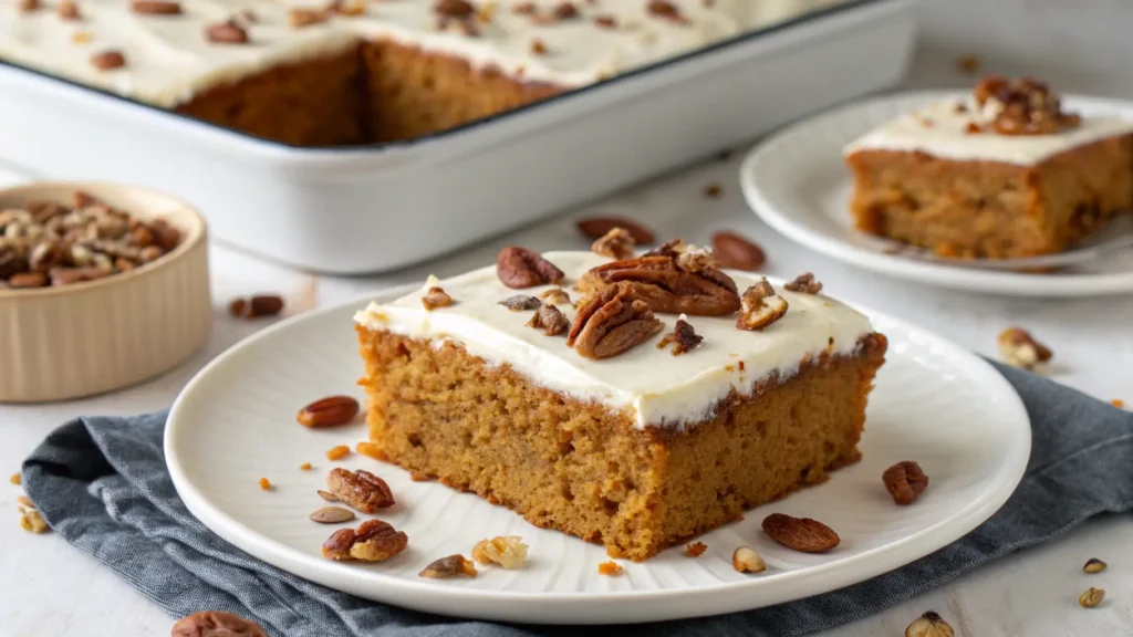 A slice of moist sweet potato cake topped with creamy frosting, garnished with chopped pecans, served on a white plate
