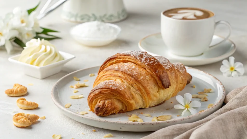 A golden, flaky French bread croissant on a wooden board, surrounded by ingredients like butter, flour, and a steaming cup of coffee.
