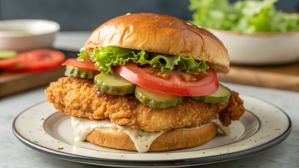 Golden, crispy oven-fried chicken sandwich topped with fresh lettuce, juicy tomato slices, pickles, and a toasted brioche bun