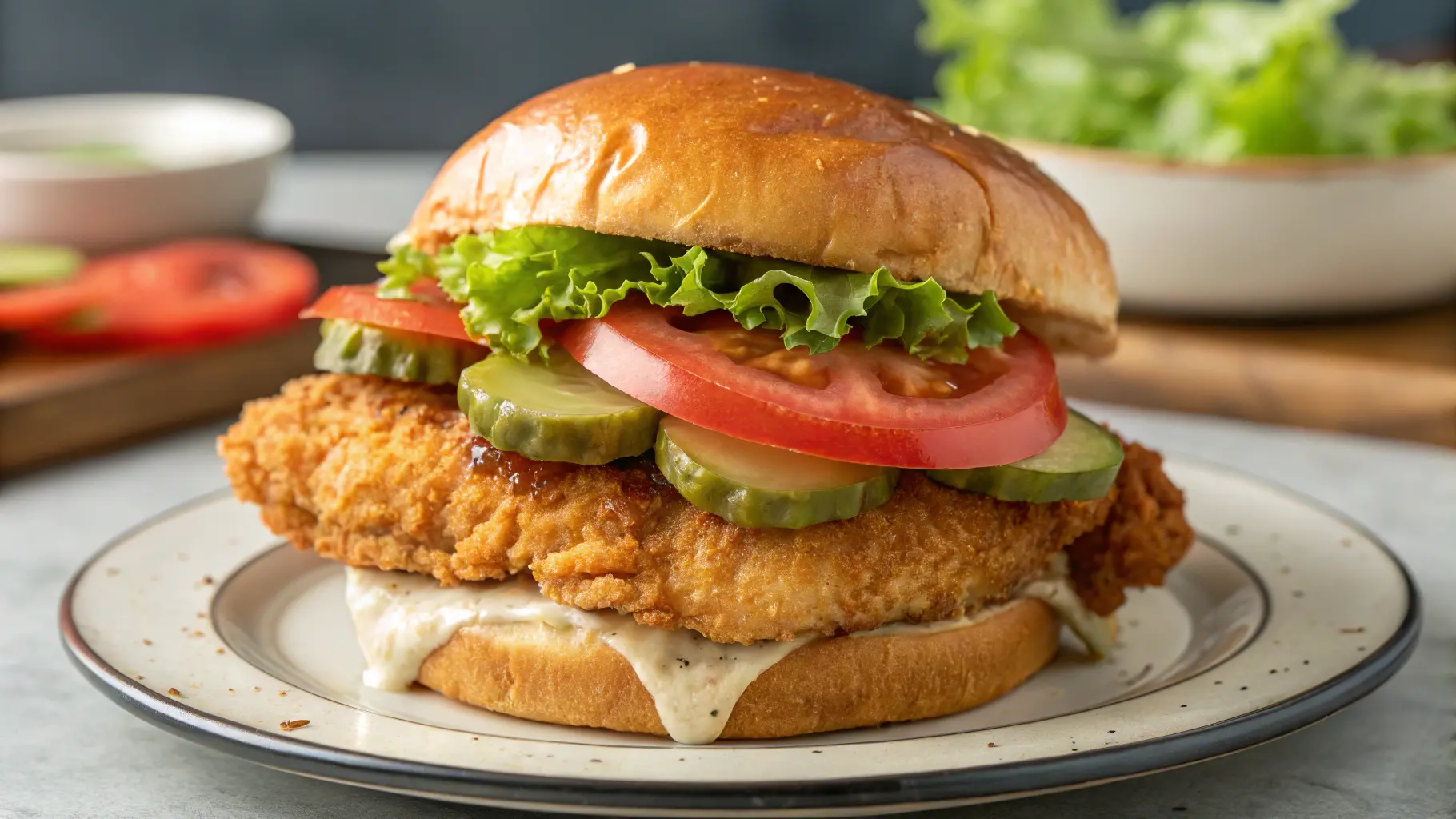 Golden, crispy oven-fried chicken sandwich topped with fresh lettuce, juicy tomato slices, pickles, and a toasted brioche bun
