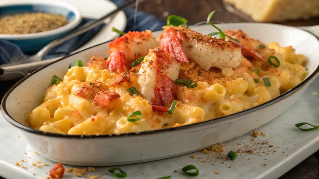 Lobster Mac and Cheese: A creamy, decadent dish featuring tender lobster chunks, rich cheese sauce, and a golden breadcrumb topping