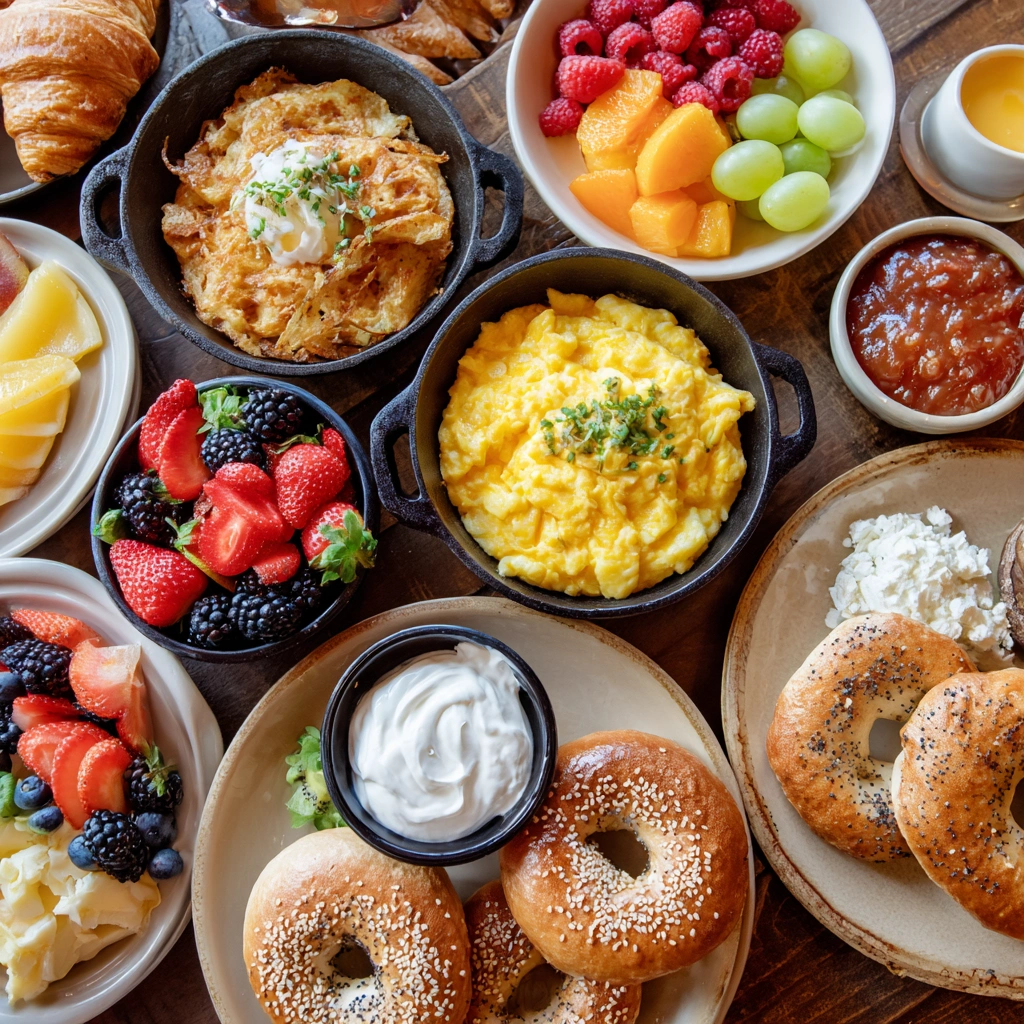 air fryer hash browns served with eggs fruits and yogurt