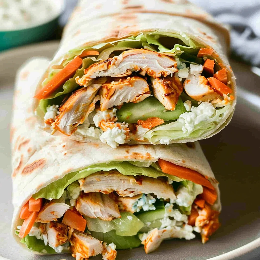buffalo chicken wrap close-up with spicy grilled chicken and ranch