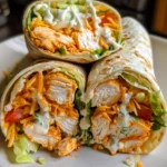 cheddars buffalo chicken wrap close-up with buffalo sauce and ranch