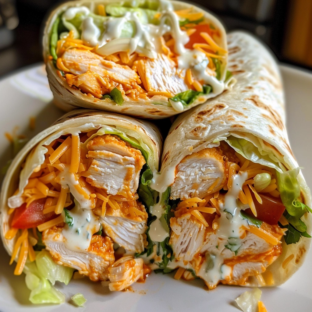 cheddars buffalo chicken wrap close-up with buffalo sauce and ranch
