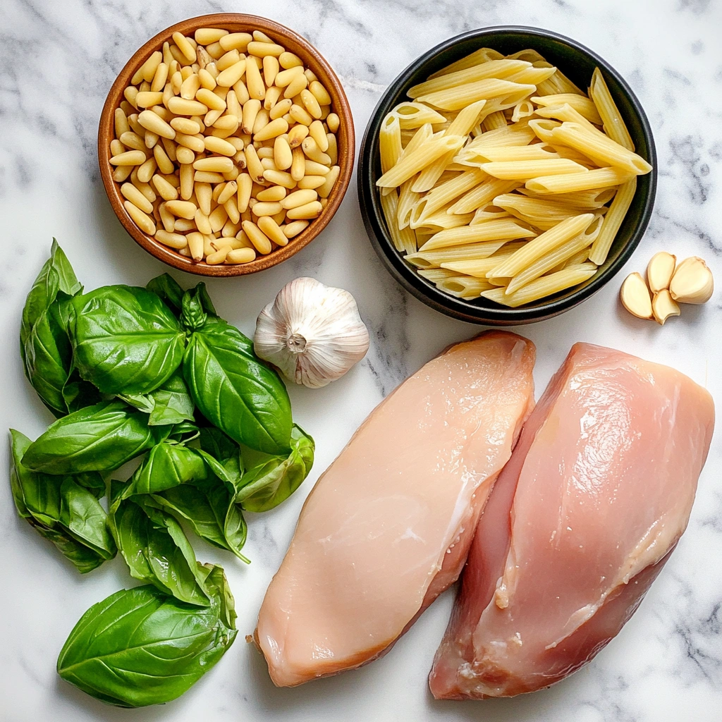 ingredients for chicken pesto pasta laid out on kitchen surface