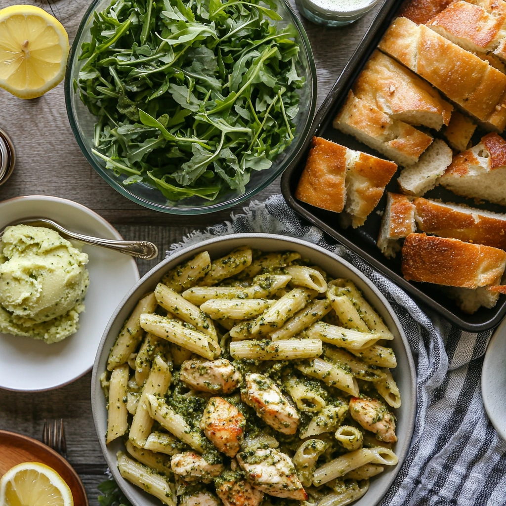 chicken pesto pasta meal served with salad and garlic bread
