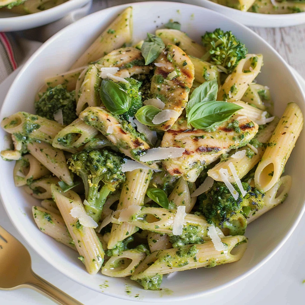 chicken pesto pasta served fresh in a white bowl