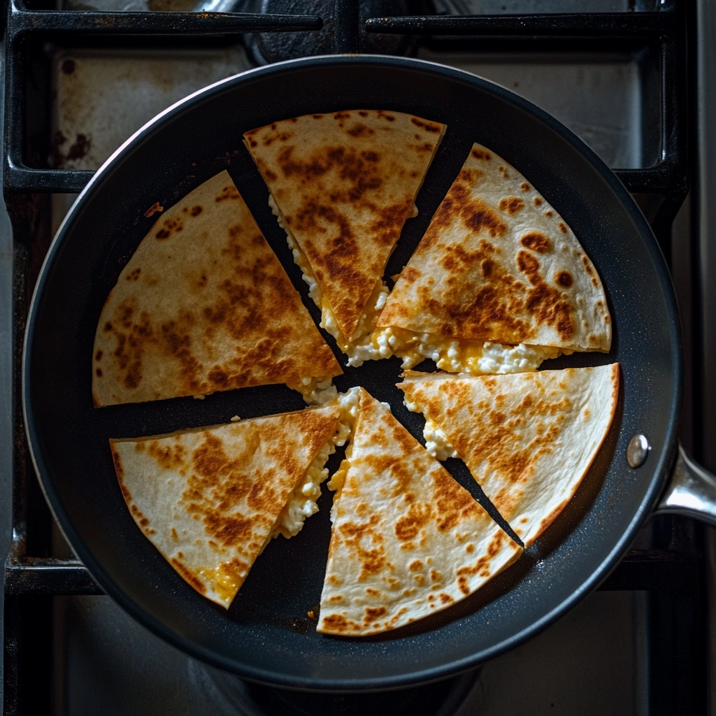 cottage cheese quesadilla cooking in skillet