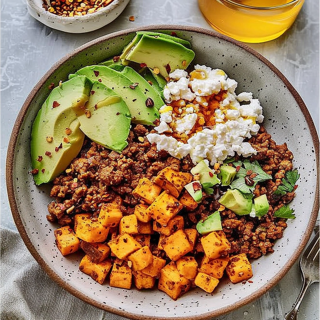 Cottage cheese taco bowl with toppings on rustic table