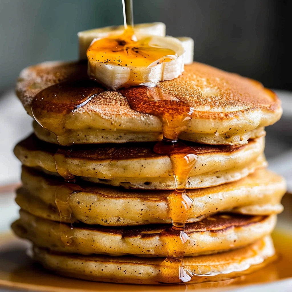 Stack of fluffy Greek Yogurt Banana Pancakes with banana slices
