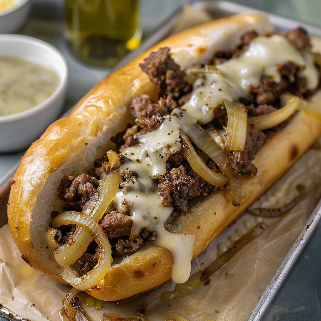 Ground Beef Philly Cheesesteak sandwich with melted cheese