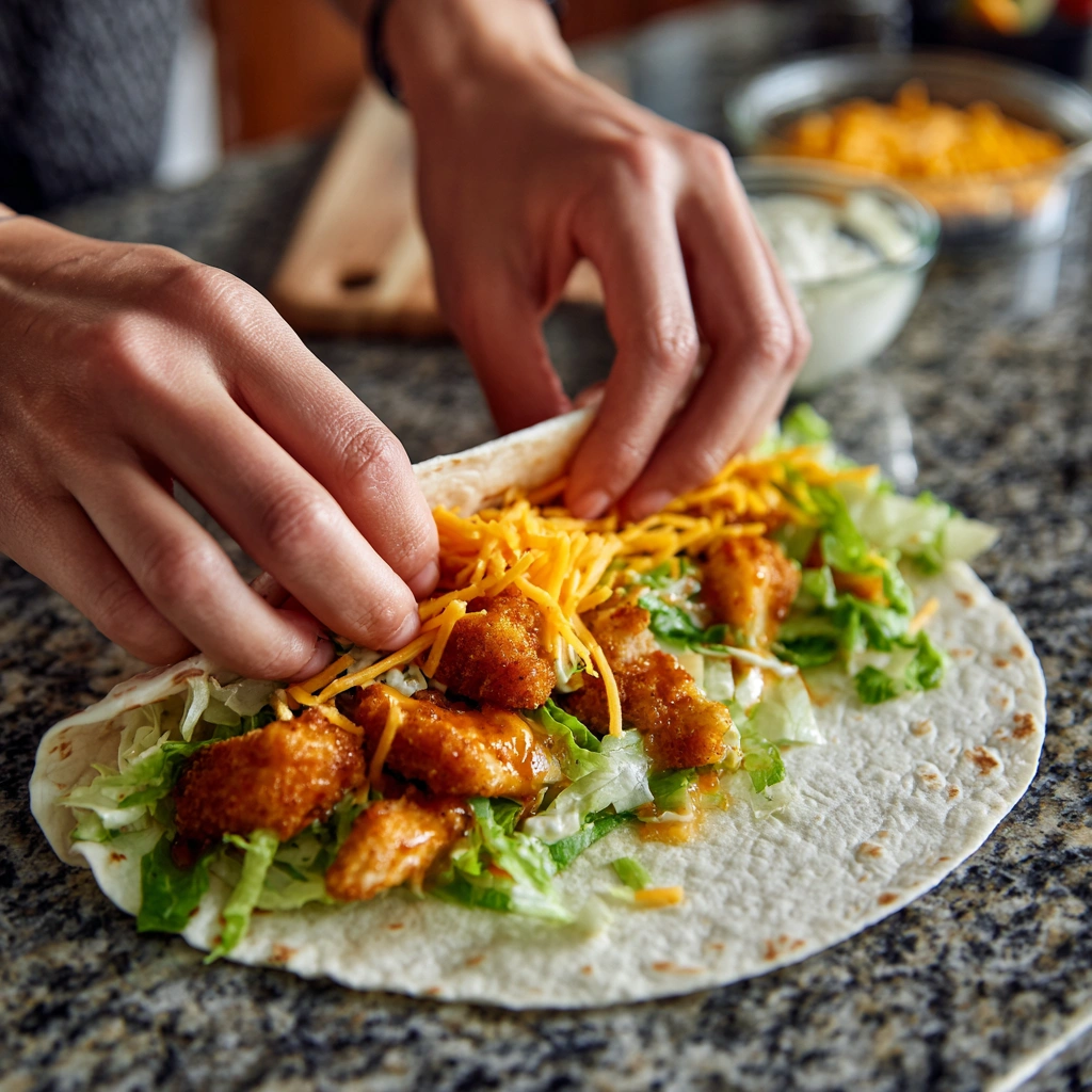 homemade cheddars buffalo chicken wrap assembly