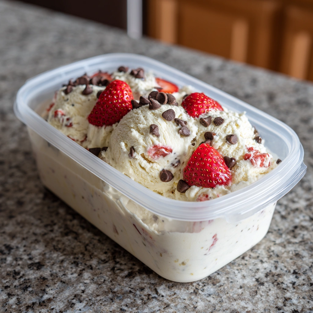 Cottage Cheese Ice Cream with strawberry and chocolate chips
