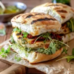 Grilled pesto chicken sandwich with tomatoes and mozzarella