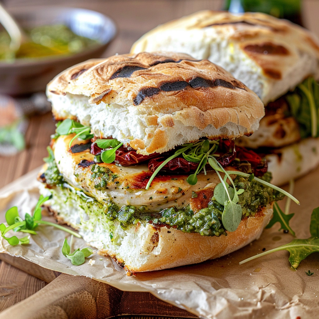 Grilled pesto chicken sandwich with tomatoes and mozzarella