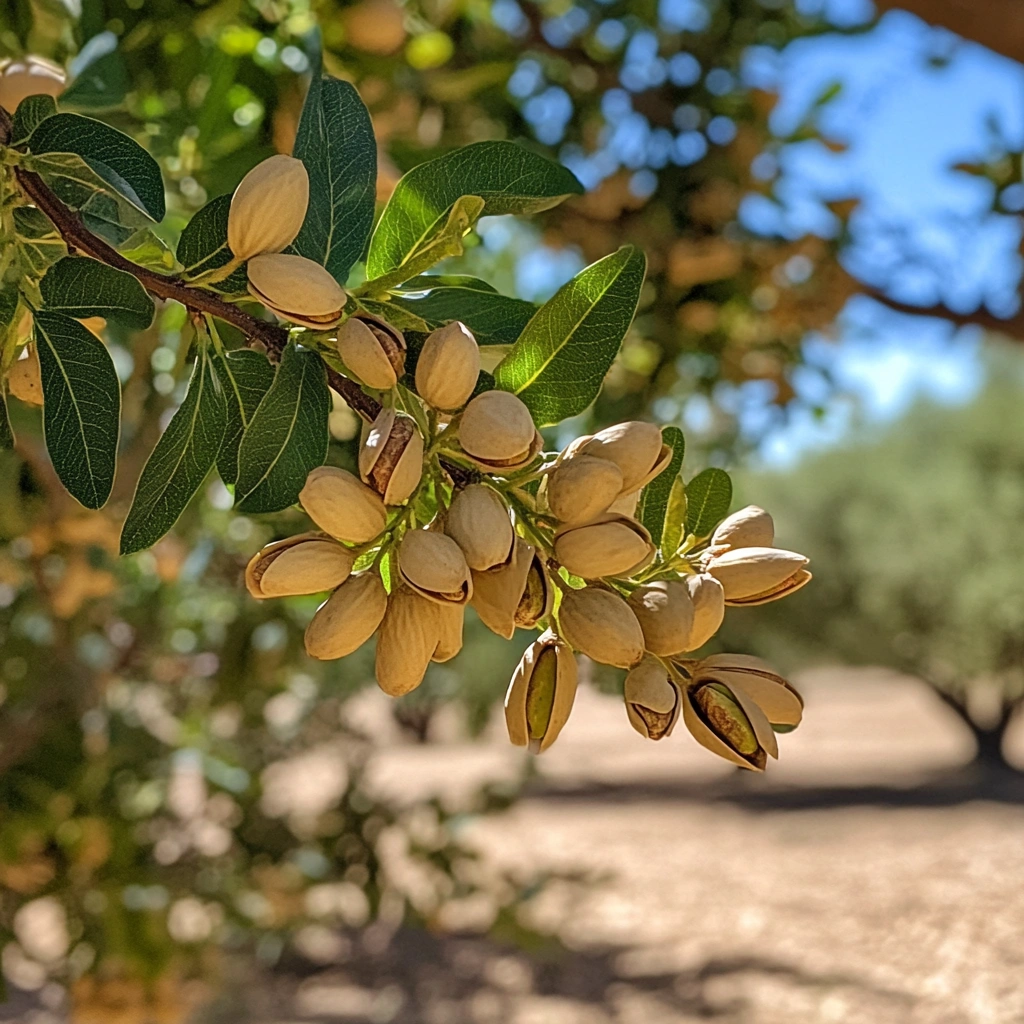 pistachios growing on a sunlit tree