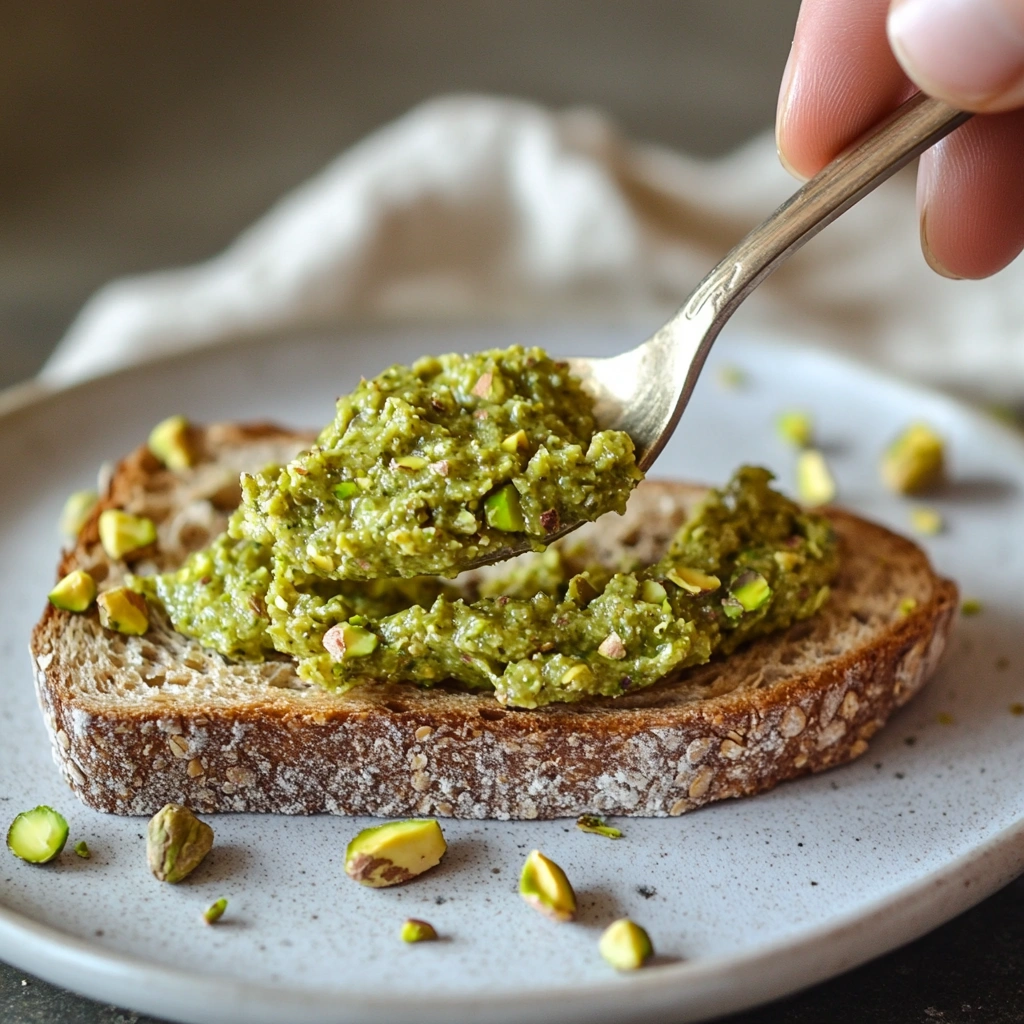 spoon spreading pistachio butter on whole-grain toast