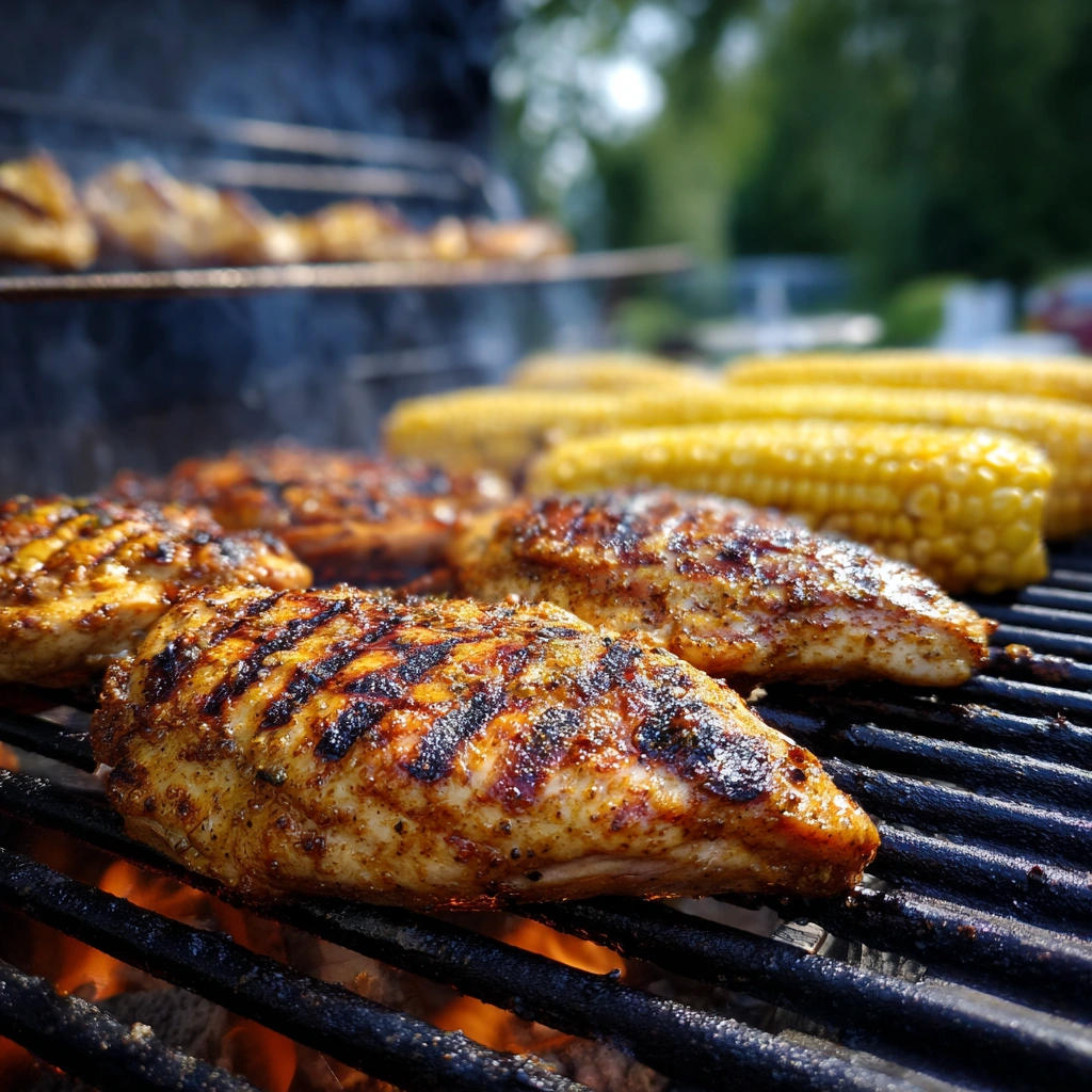 grilling chicken and corn for street corn chicken rice bowl