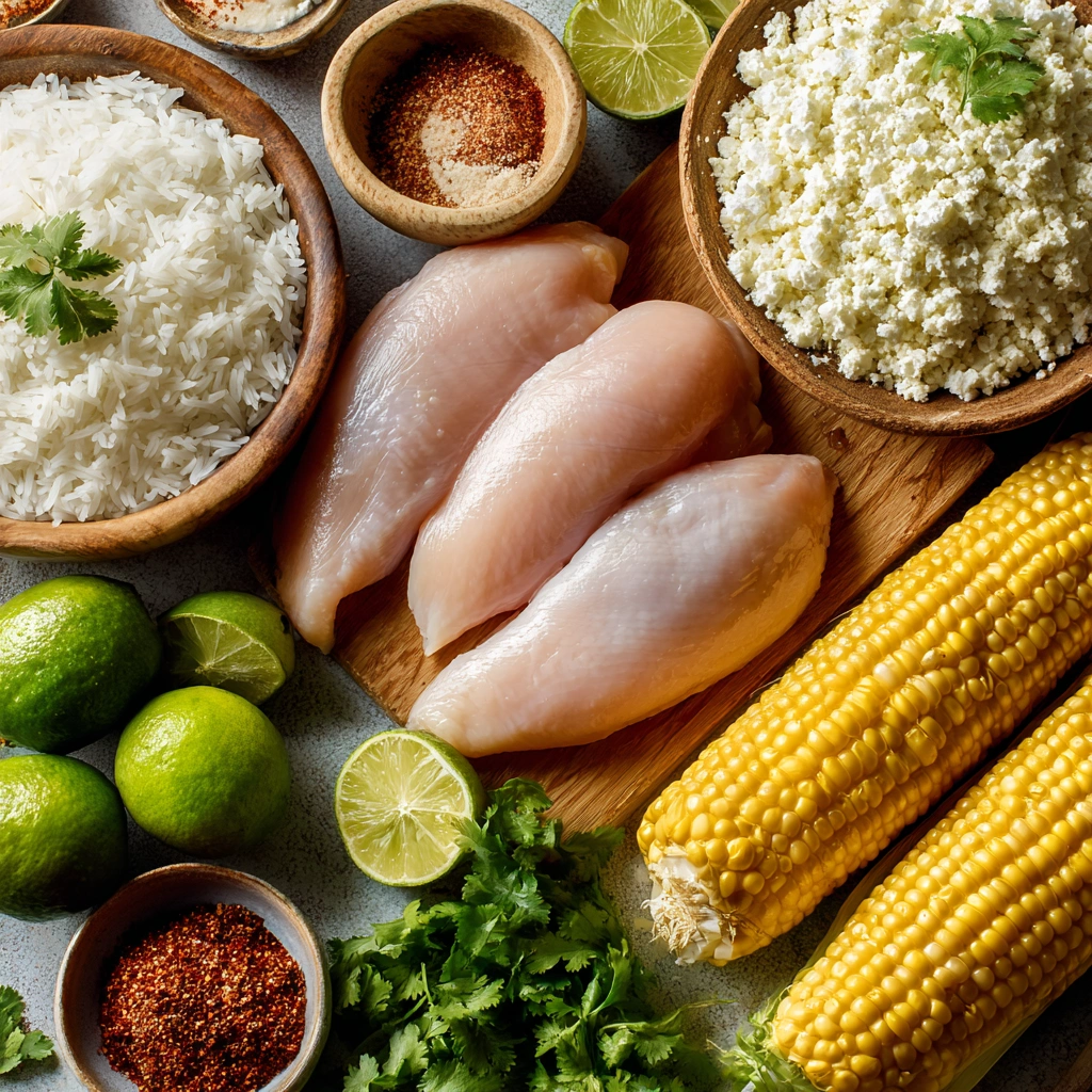 street corn chicken rice bowl fresh ingredients laid out on kitchen counter