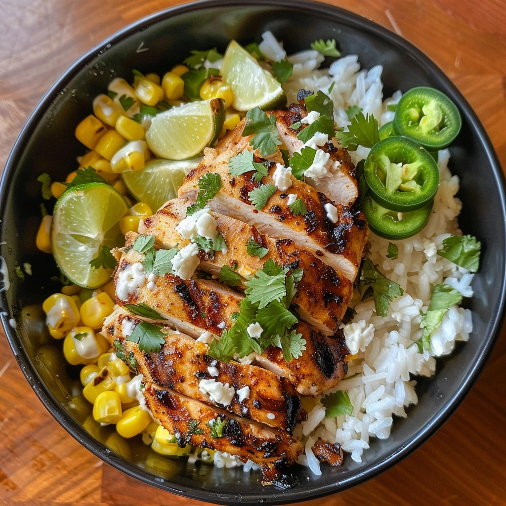 street corn chicken rice bowl served with grilled chicken, corn, and creamy sauce