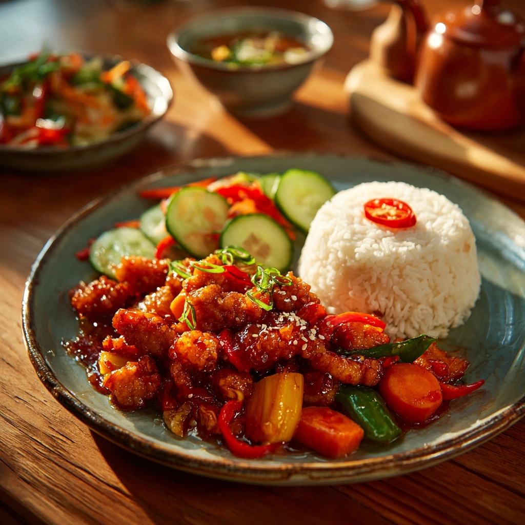 sweet chili chicken meal with rice and salad
