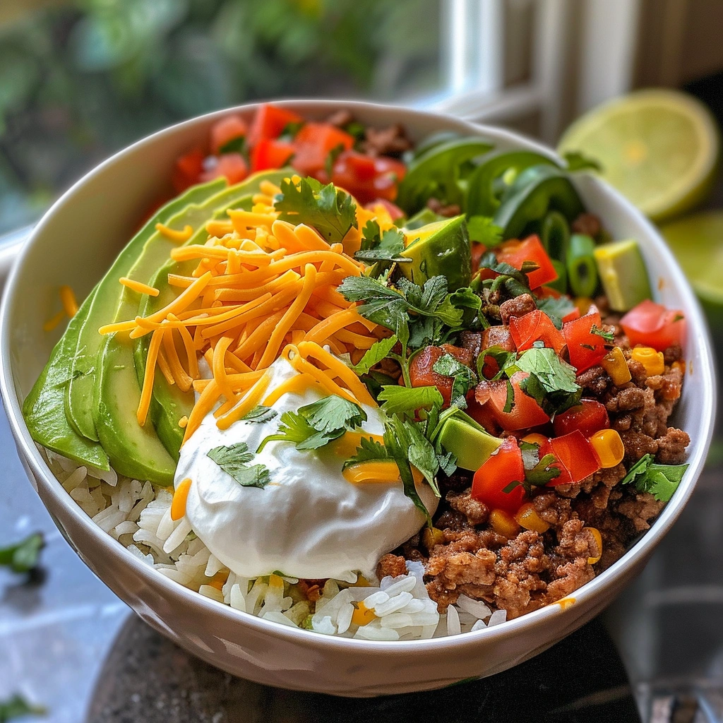 taco rice bowl with grilled chicken and fresh toppings